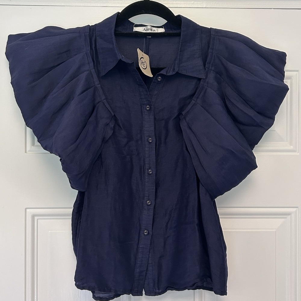 Aureta Studio Stella Blouse S Navy Blue Linen Silk Puff Sleeves Top Luxury Drama - Picture 4 of 13